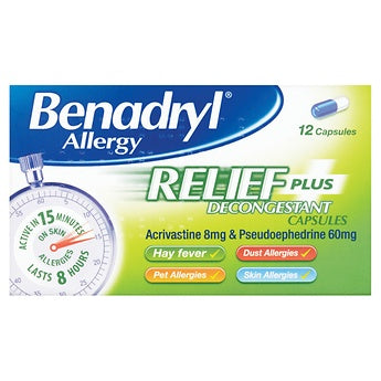 Benadryl Plus Capsules Allg/Relief - 12 Capsules